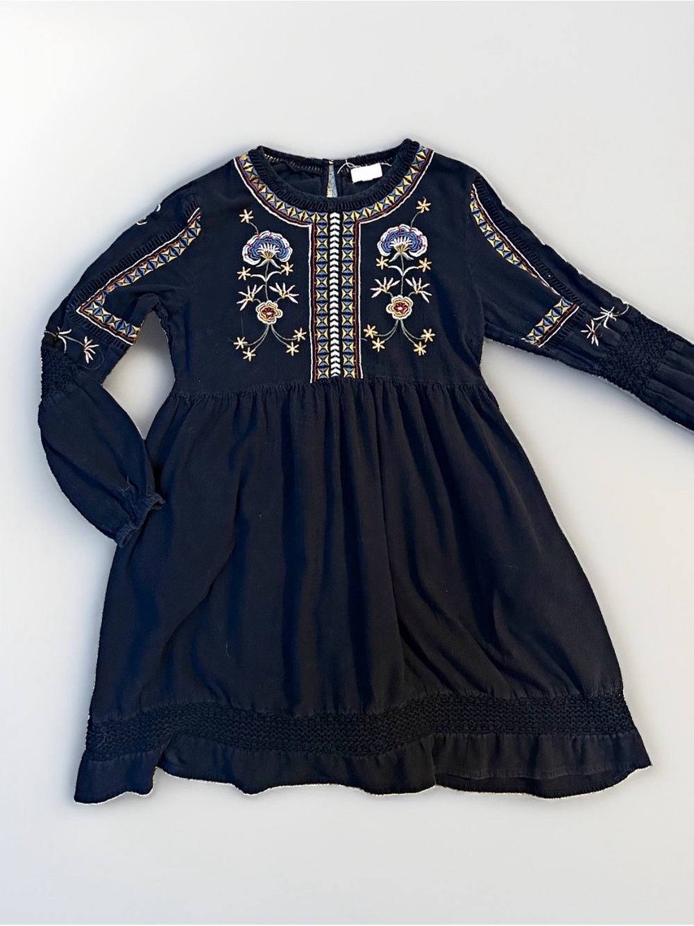 World Market 100% Cotton Boho Floral Embroidery Tunic Mini Dress Long Sleeve S/M
